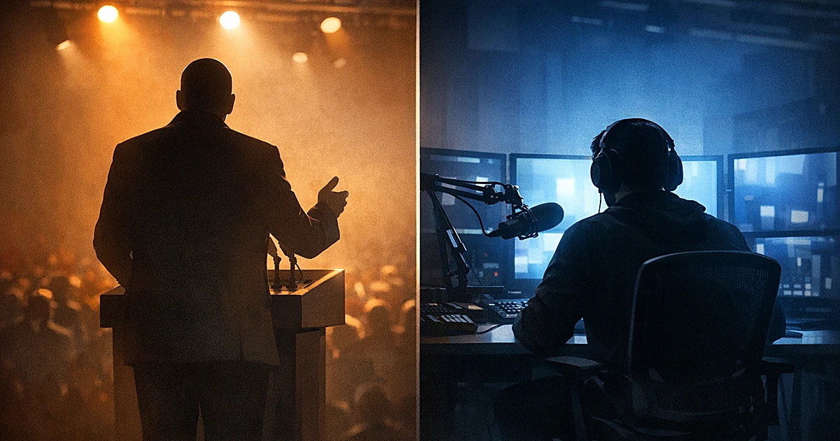 Split scene showing political podium silhouette on left and streaming setup with monitors on right