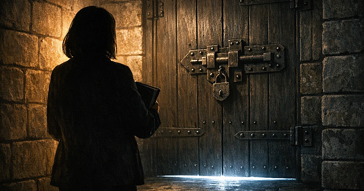 Silhouetted person holding Bible faces locked door with institutional light beneath, symbolizing travel restriction