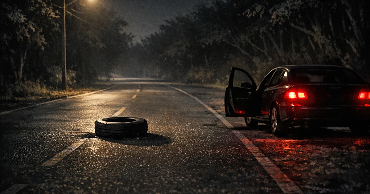 Dark suburban road at night with debris blocking path and silhouetted car stopped with open door under streetlight