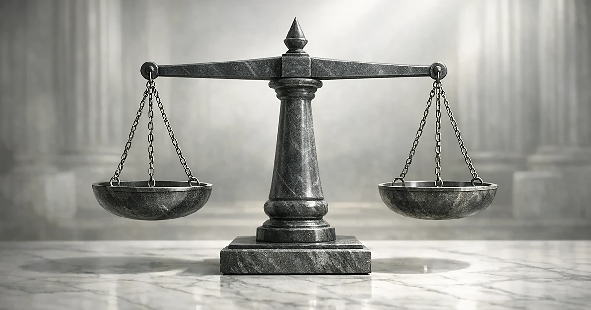 Abstract stone scales of justice on marble surface with soft natural lighting