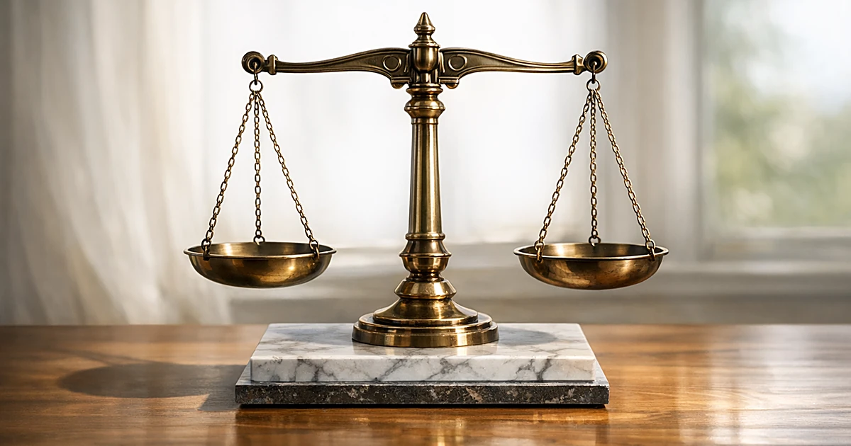 Abstract marble scales of justice on wooden surface with soft natural lighting