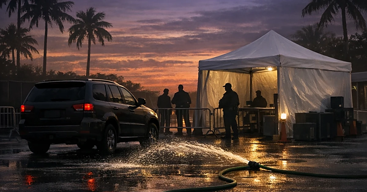 SUV parked at security checkpoint with water hose on ground, silhouetted security personnel and palm trees at dusk