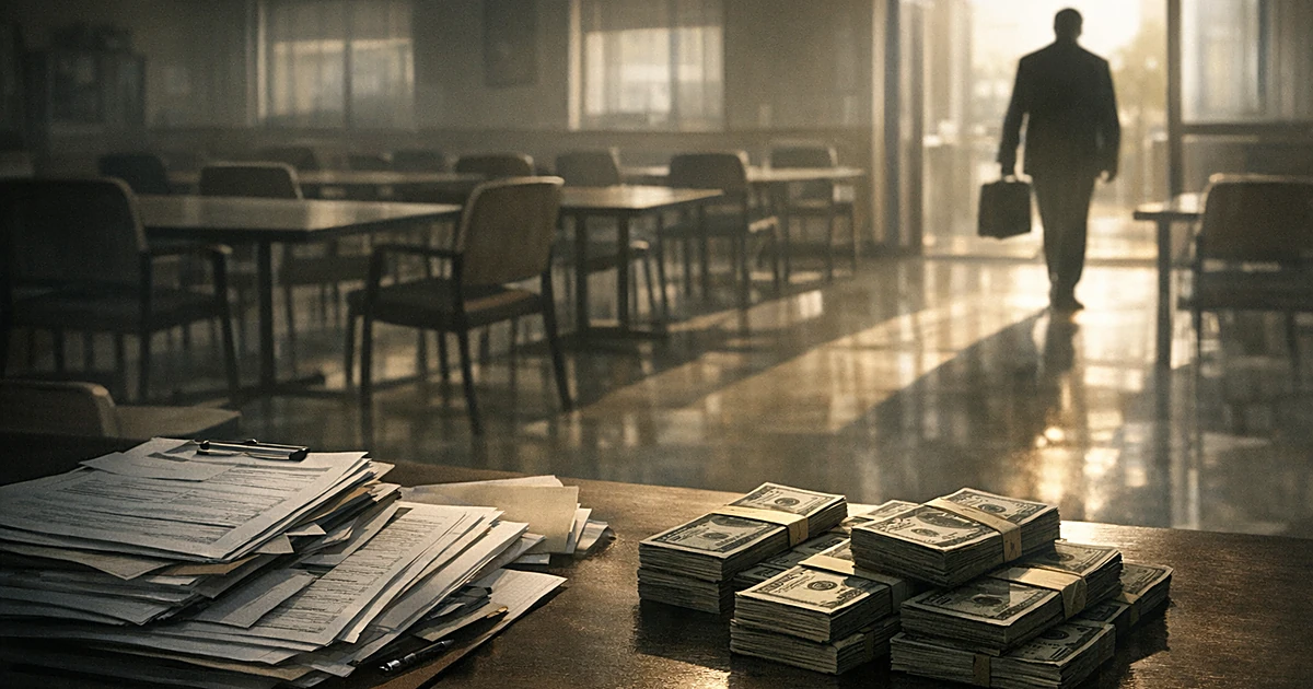 Empty daycare center with vacant chairs, billing documents and cash on desk, silhouette leaving through doorway