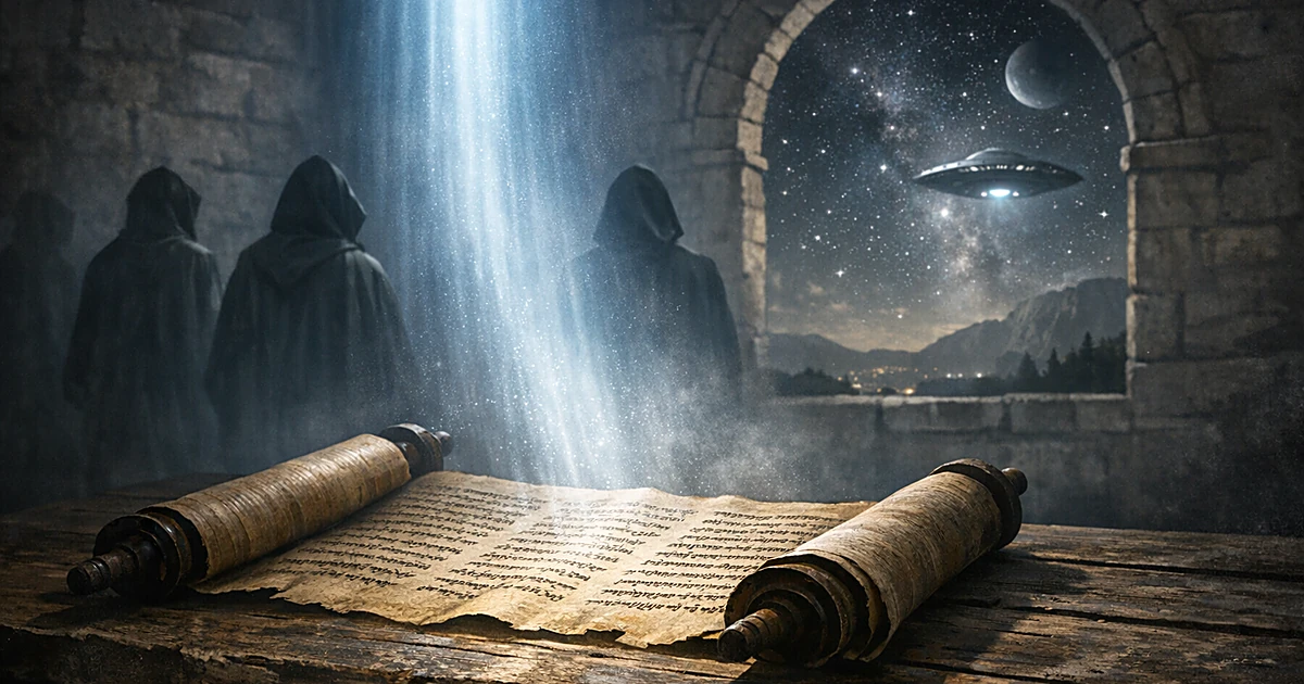 Ancient Hebrew scroll illuminated by beam of light with silhouetted figures and starry sky visible through stone window
