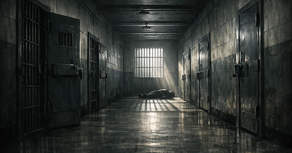 Empty prison corridor with metal cell doors and barred window casting shadows on concrete floor