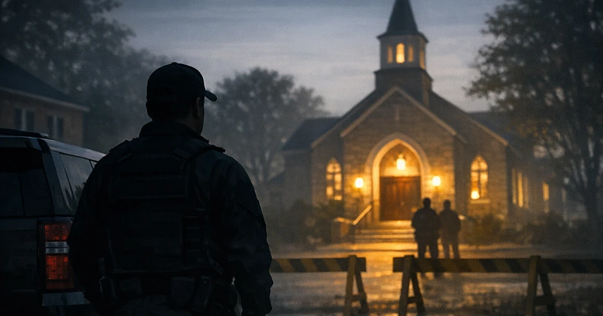Silhouetted officer near vehicle facing an illuminated church building, showing tension between enforcement and sanctuary