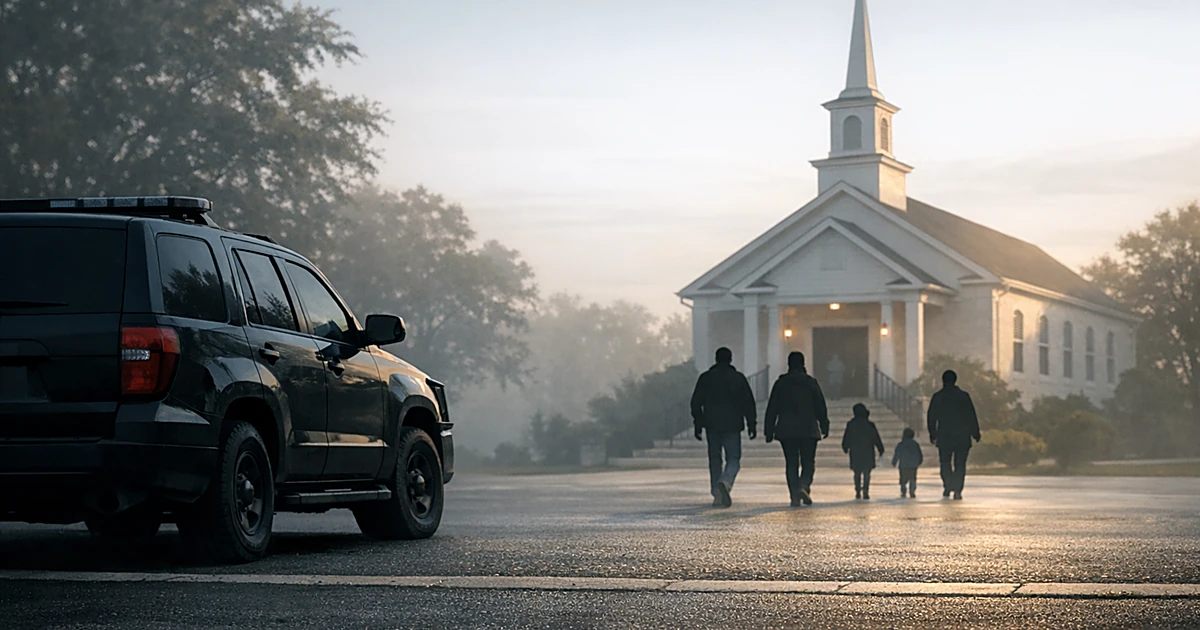 Church building with people walking toward entrance while government vehicle remains at distance in foreground