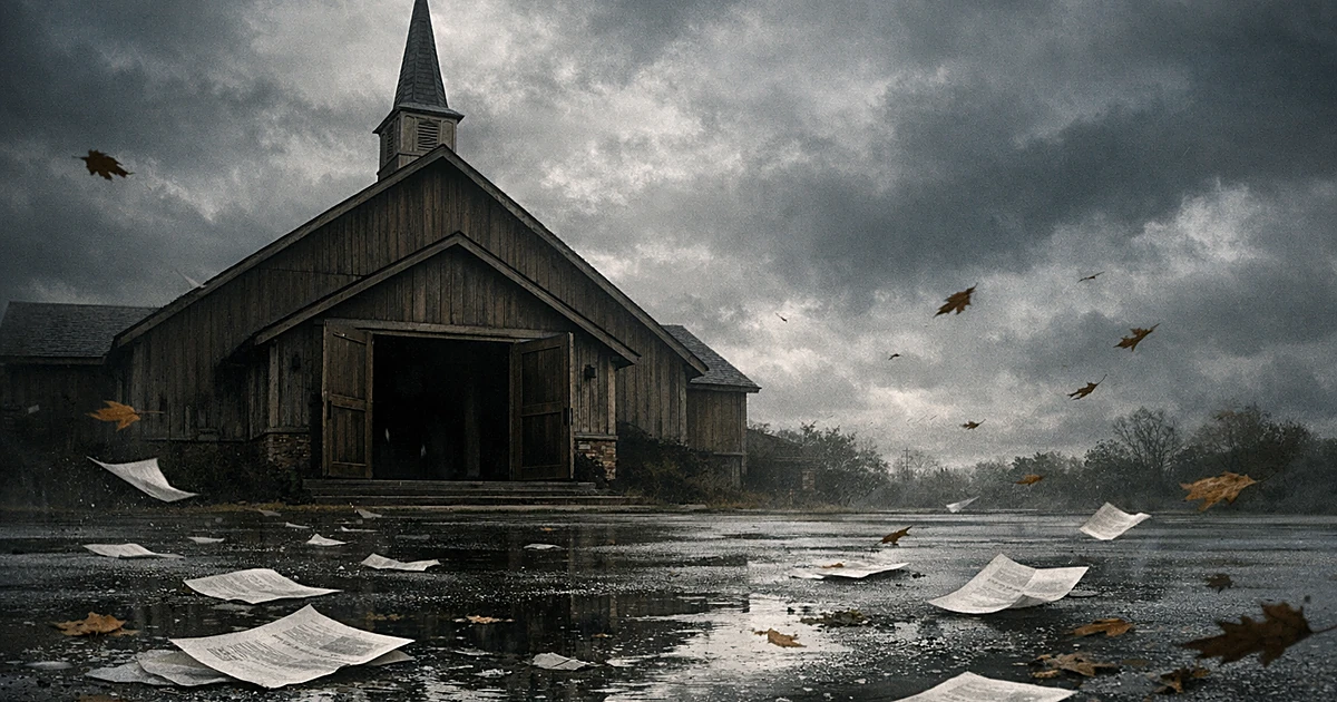 Empty church with open doors as papers scatter across abandoned parking lot under stormy skies