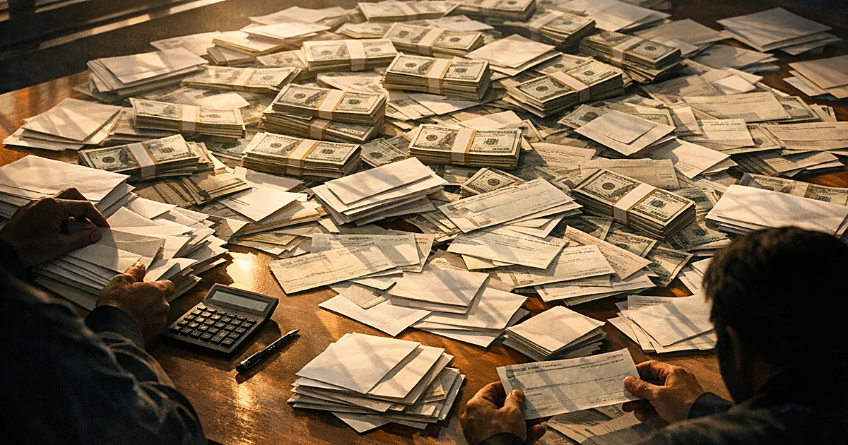 Overhead view of tax refund checks and currency on desk with silhouetted hands sorting through payment documents