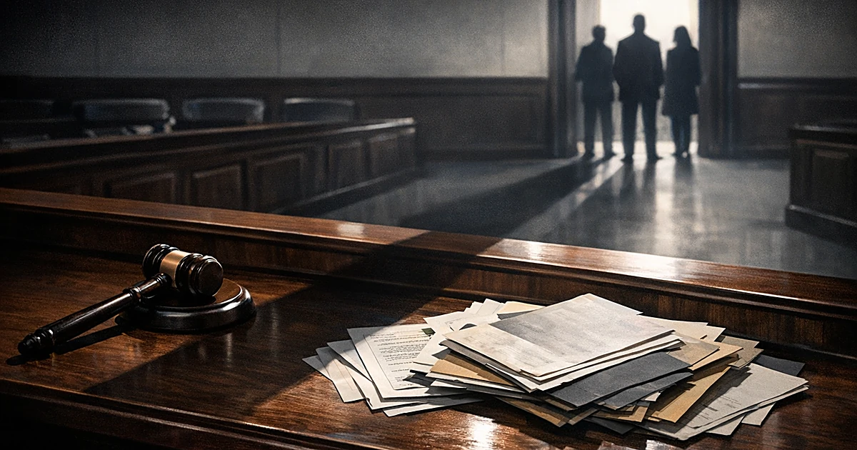 Judge's bench with gavel and legal documents, silhouetted figures visible in distant doorway under courtroom lighting