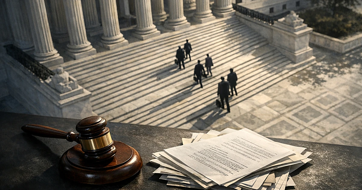 Overhead view of Supreme Court columns with gavel and legal documents in foreground, distant silhouettes on steps