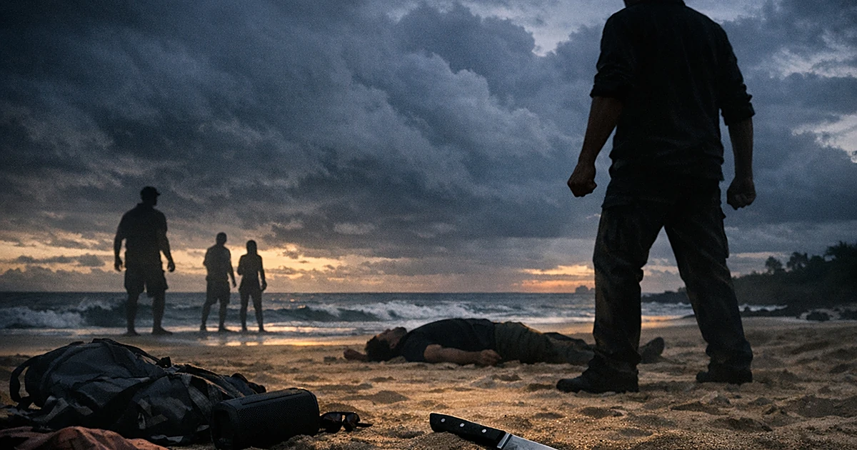 Silhouettes of people on a beach with one figure on the ground and a knife in the sand during an altercation