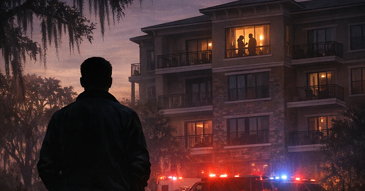 Silhouette facing luxury apartment building with emergency lights reflecting on facade at dusk