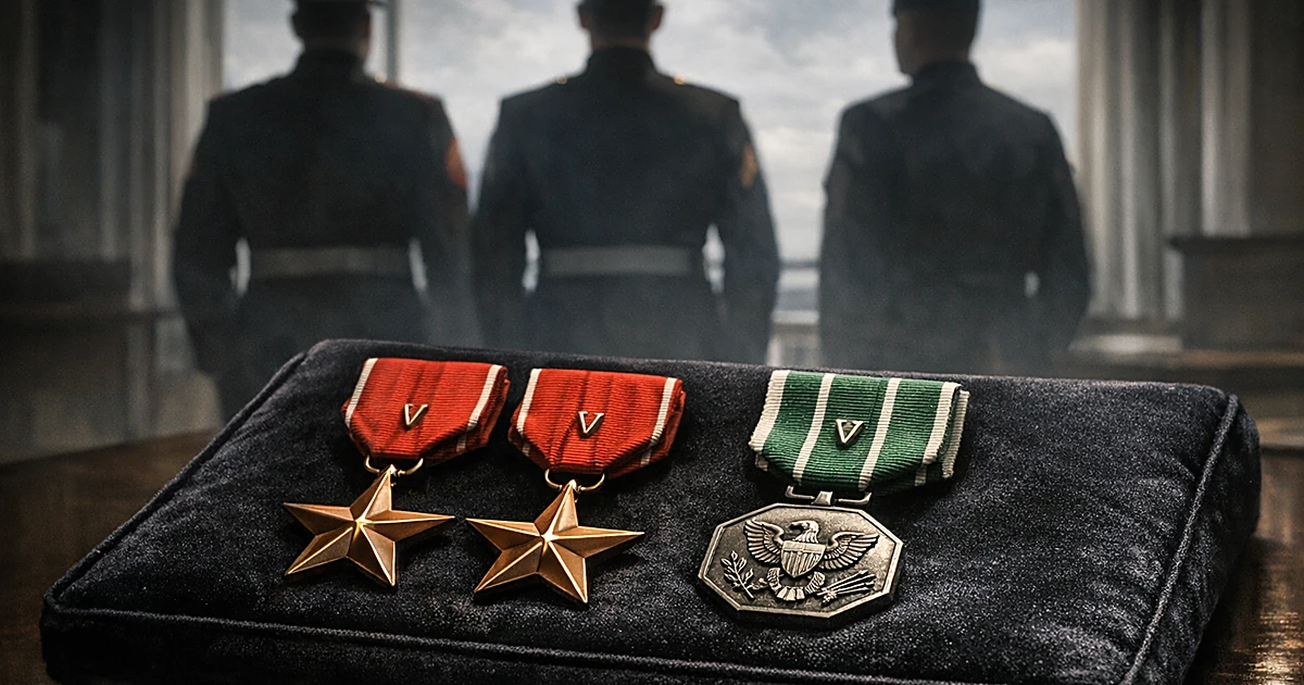 Three military uniforms from behind with valor medals displayed on cushion in Pentagon interior