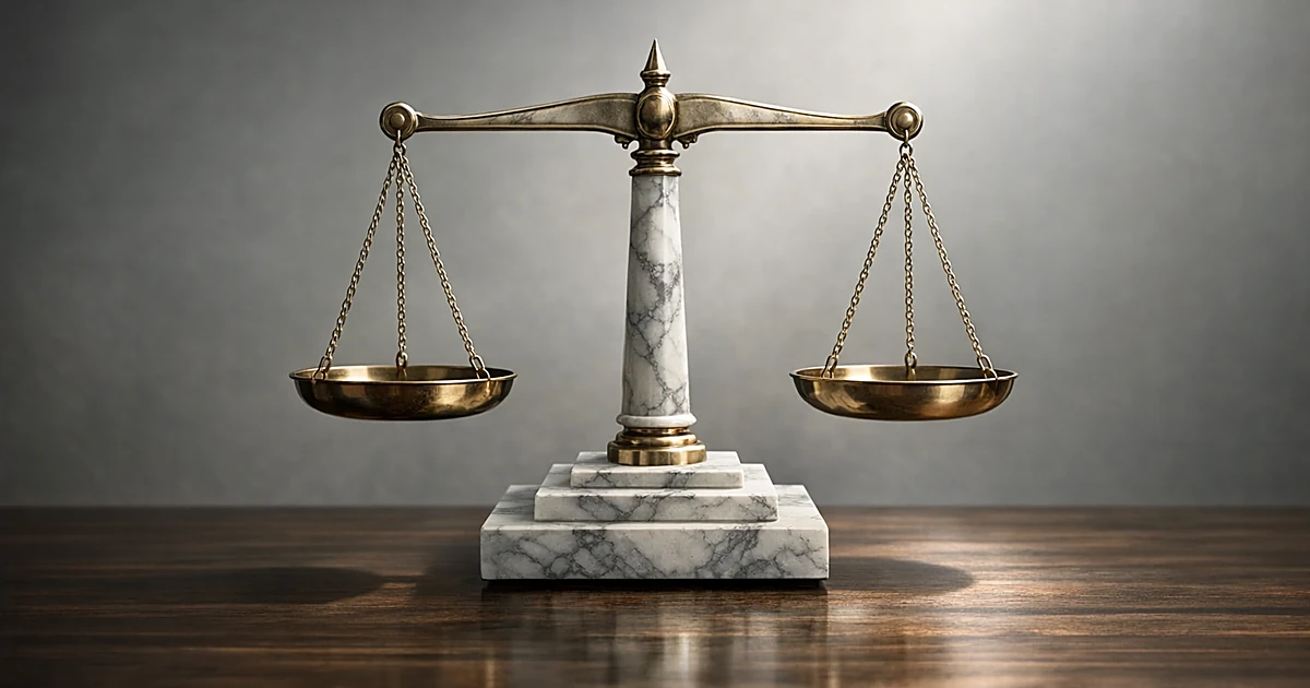 Marble balance scale on wooden surface with natural lighting from above