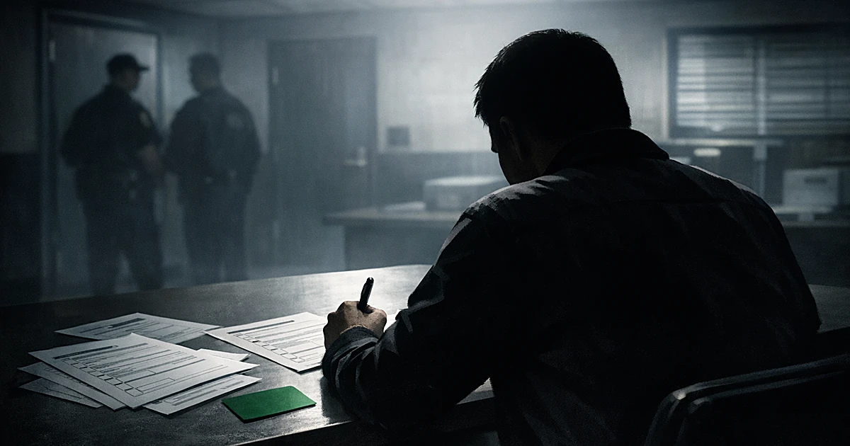 Silhouetted person from behind completing forms at table with documents and green card in institutional setting