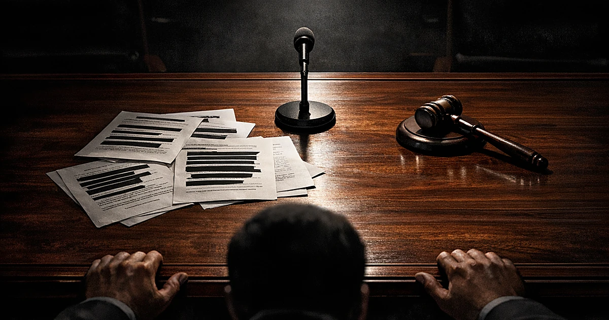 Congressional hearing table with microphone, documents, and gavel under dramatic spotlight with hands gripping table edge