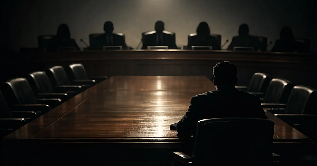 Silhouetted figure at conference table facing shadowy committee members in dimly lit hearing room