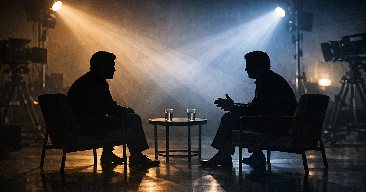 Two silhouetted figures in facing chairs under dramatic studio lighting during an interview setting