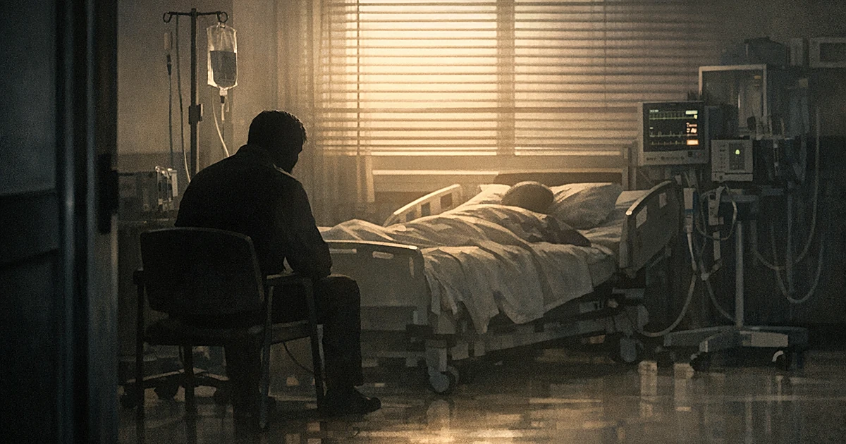 Silhouetted figure sitting beside hospital bed in dimly lit room with medical equipment and window light