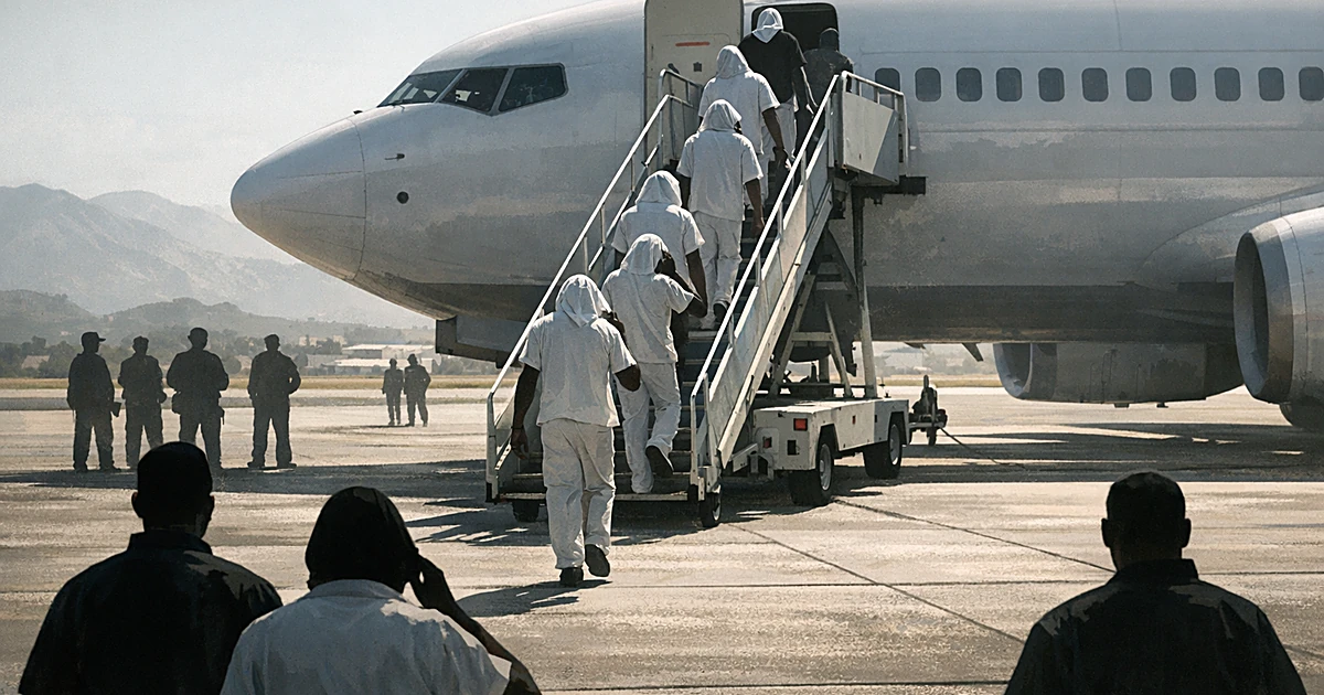 Silhouetted figures in white descending aircraft stairs onto a sunlit tarmac with mountains in background