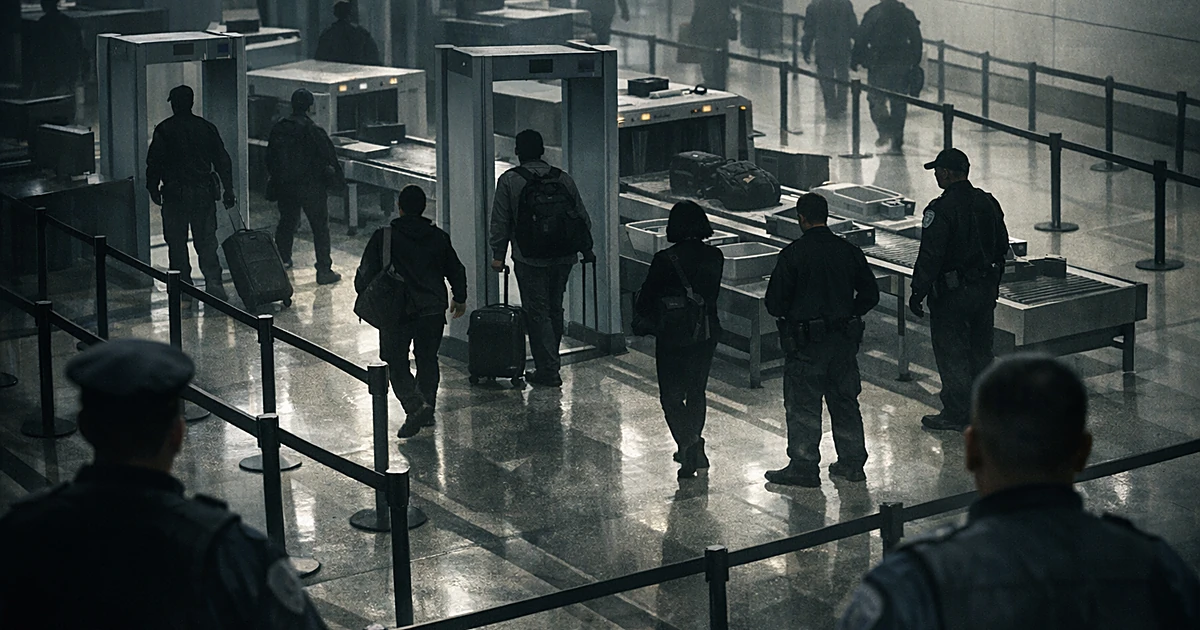 Silhouetted travelers moving through airport security checkpoint with officers stationed at screening lanes