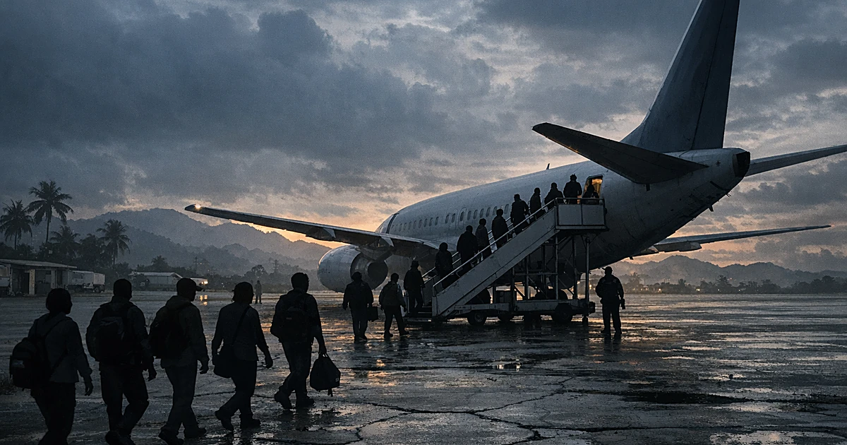 Silhouettes of people deplaning from aircraft onto tropical airport tarmac under overcast sky