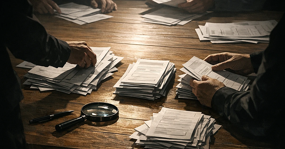 Silhouetted hands sorting paper ballots on table with magnifying glass under dramatic overhead lighting