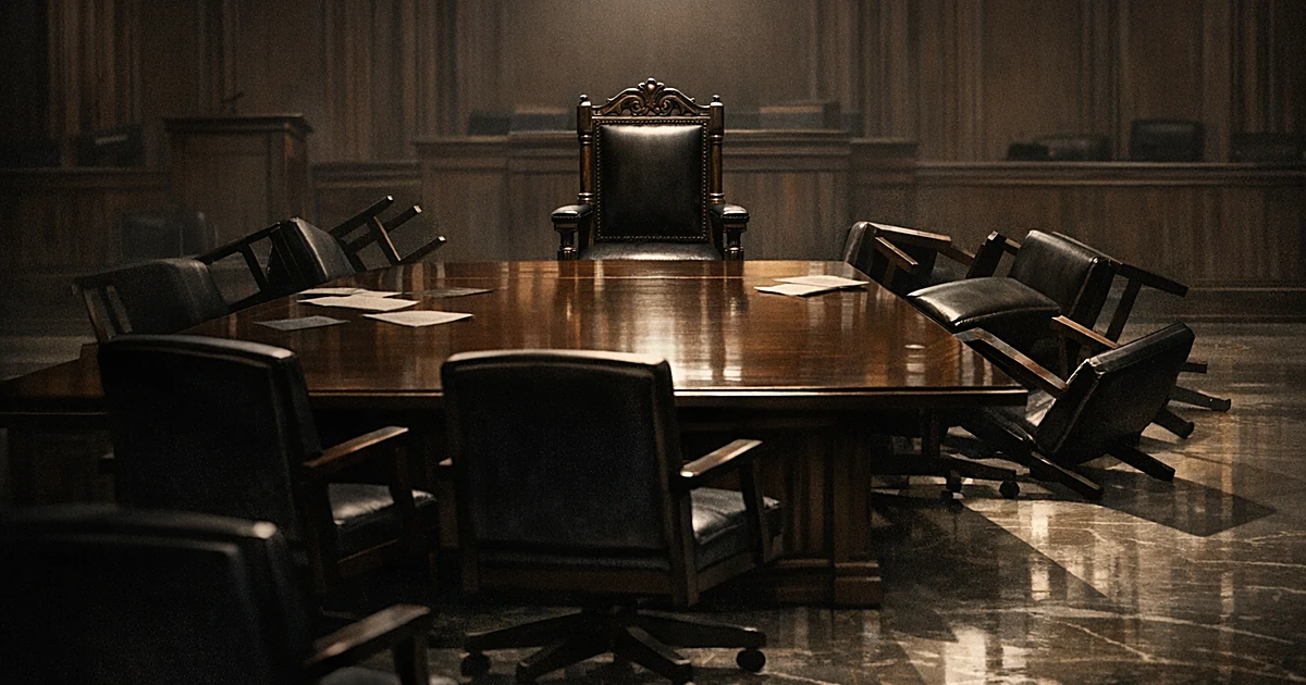 Empty leadership chair at head of table with six toppled chairs around it in a legislative chamber