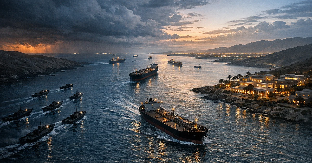 Aerial view of strait with cargo ships, military vessels, and diplomatic buildings at dusk under divided skies