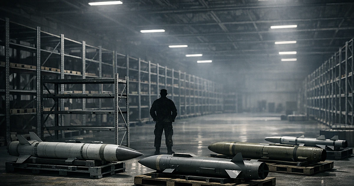 Empty military warehouse with depleted missile stockpiles and sparse weapons on racks under fluorescent lights
