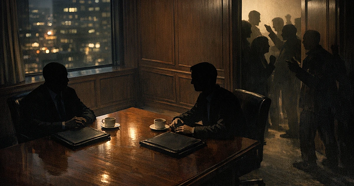 Two silhouetted figures meet privately at a table while shadowy figures gather outside the closed door