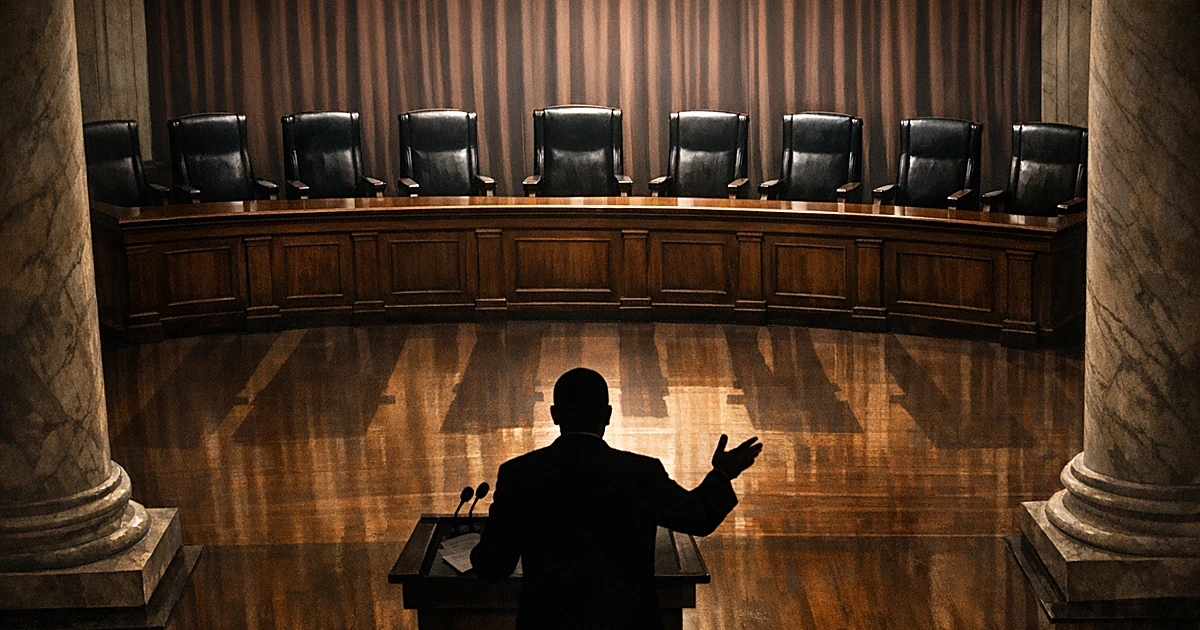 Overhead view of empty Supreme Court bench with nine chairs as silhouetted figure gestures from podium below
