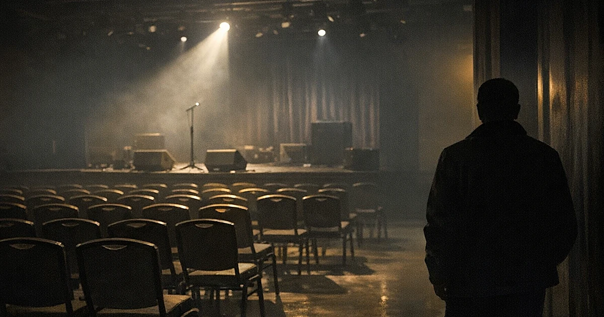 Empty event venue with vacant chairs and dark stage, single silhouetted figure viewing the abandoned space