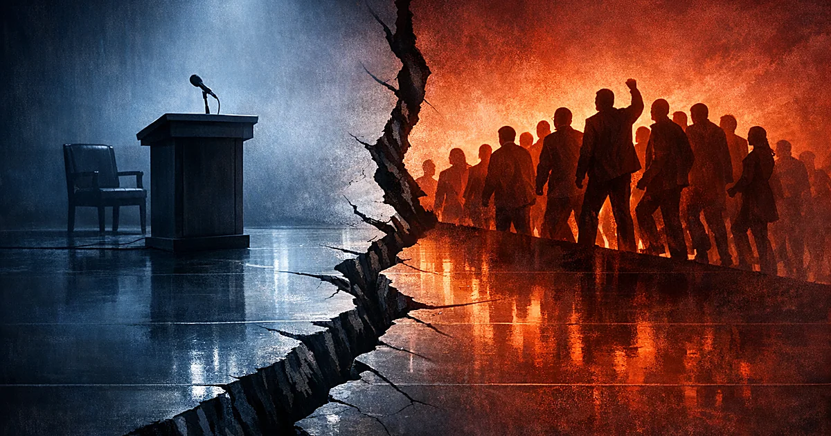 Split scene showing isolated podium on one side, rising silhouettes on other, divided by crack in floor