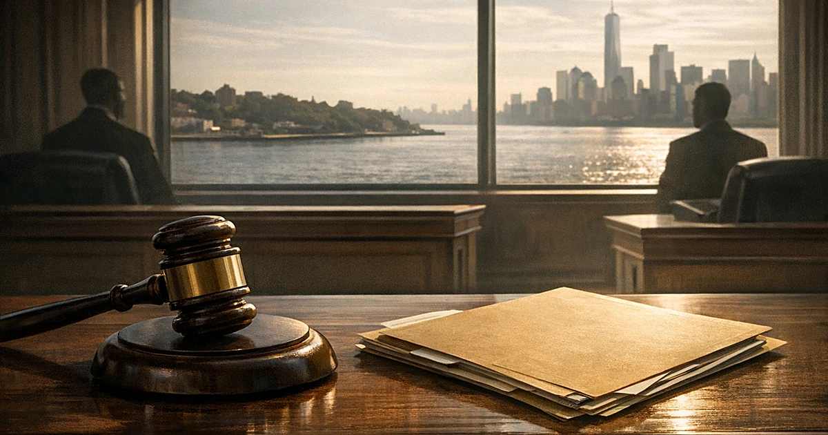 Gavel on judge's bench with view of two borough silhouettes across water through courthouse window