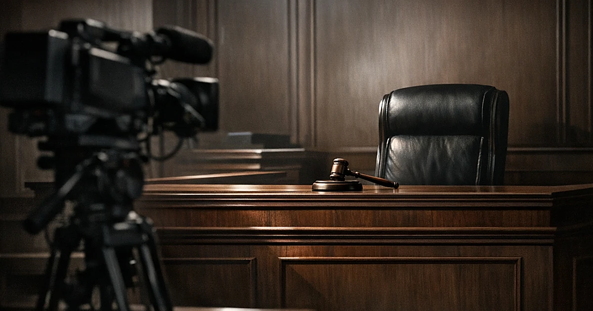 Empty judge's bench with gavel, television camera on tripod in foreground pointing at vacant seat in darkened courtroom