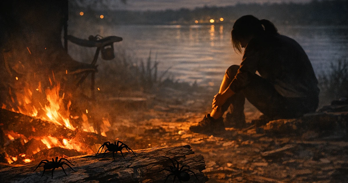 Silhouetted figure by campfire clutching leg as spiders crawl on logs near lakeside at night