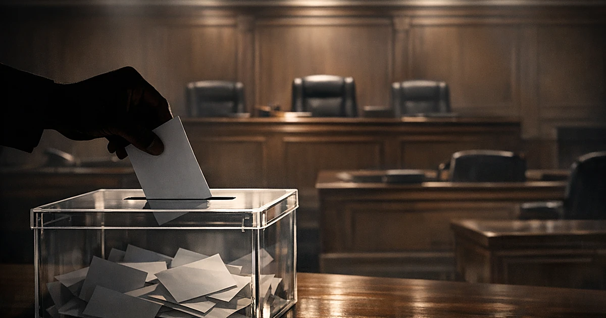 Silhouetted hand placing ballot in box with empty judicial bench in background under dramatic lighting