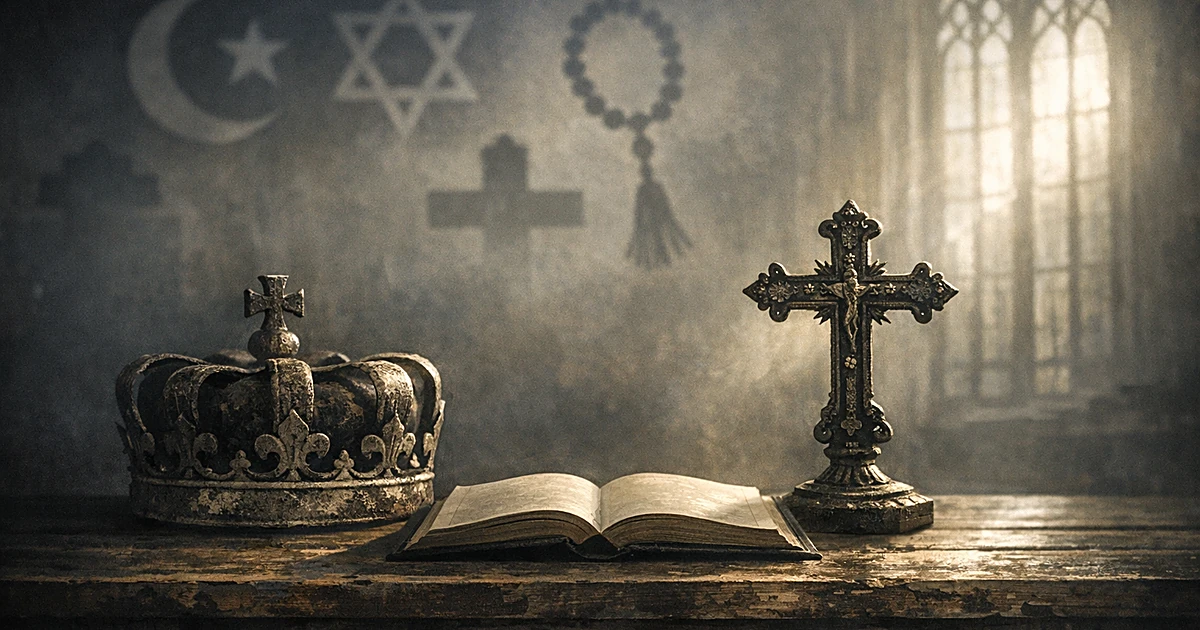 Stone crown beside Christian cross and open book, with multiple religious symbols blurred in background