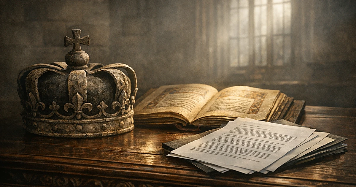 Stone crown on desk with ancient religious book partially covered by modern document, Gothic window light in background