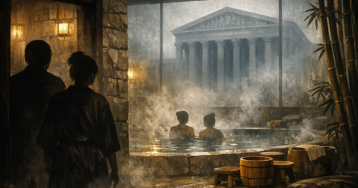 Silhouettes entering a Korean spa with steamy bathing pool, Supreme Court columns visible through frosted windows