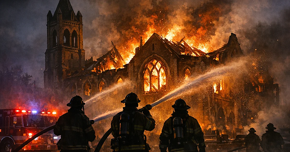Firefighter silhouettes battling flames engulfing a historic church building at night with collapsed roof
