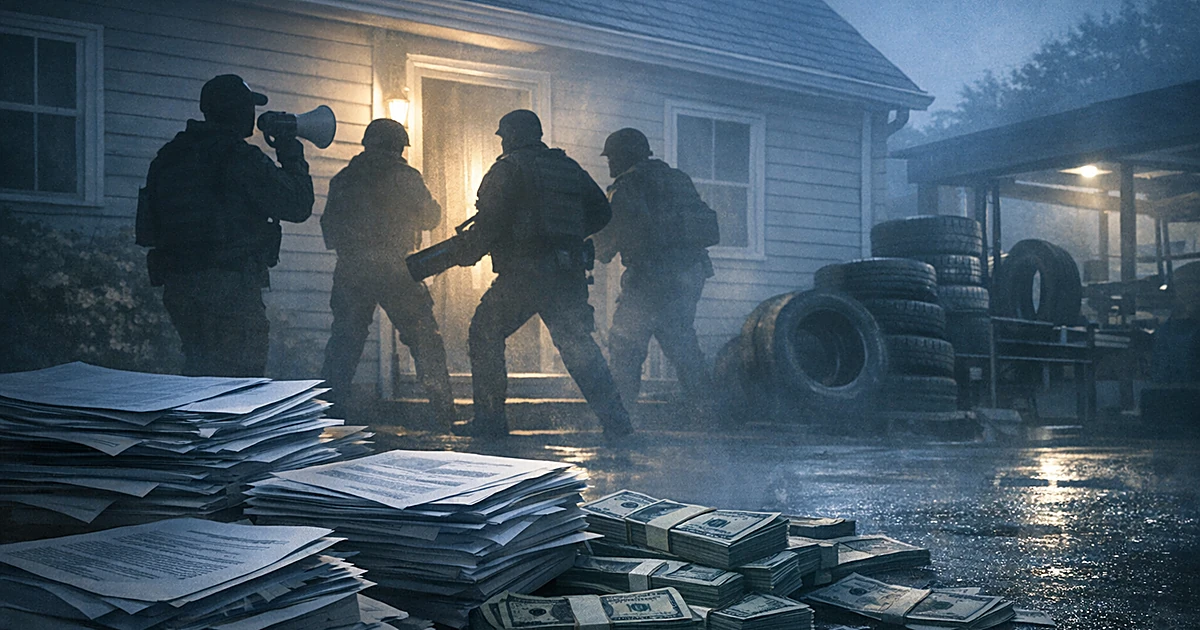 Silhouetted law enforcement agents with battering ram approach home entrance with scattered documents and cash visible