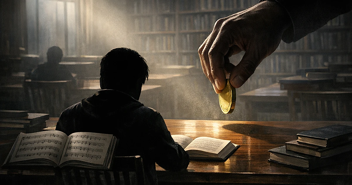 Silhouetted student at desk as symbolic hand removes coin, representing loss of tuition assistance