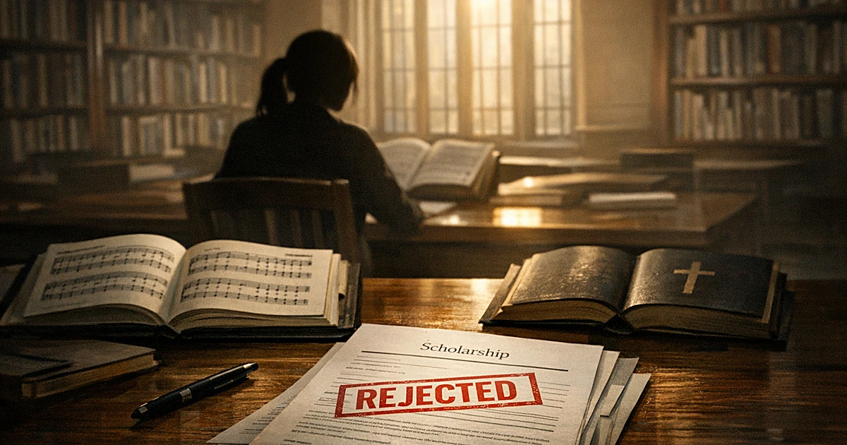 Silhouette of student at desk with music books and stamped scholarship document in university library setting