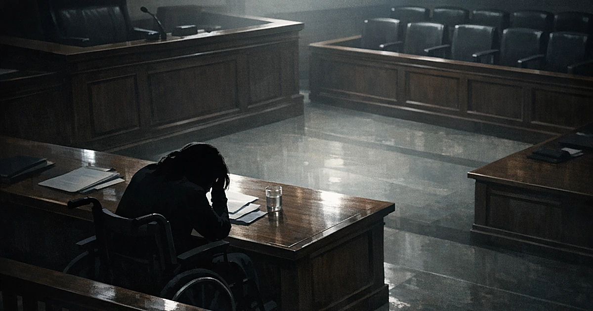 Silhouette of person in wheelchair at courtroom defense table with empty jury box and judge's bench in background
