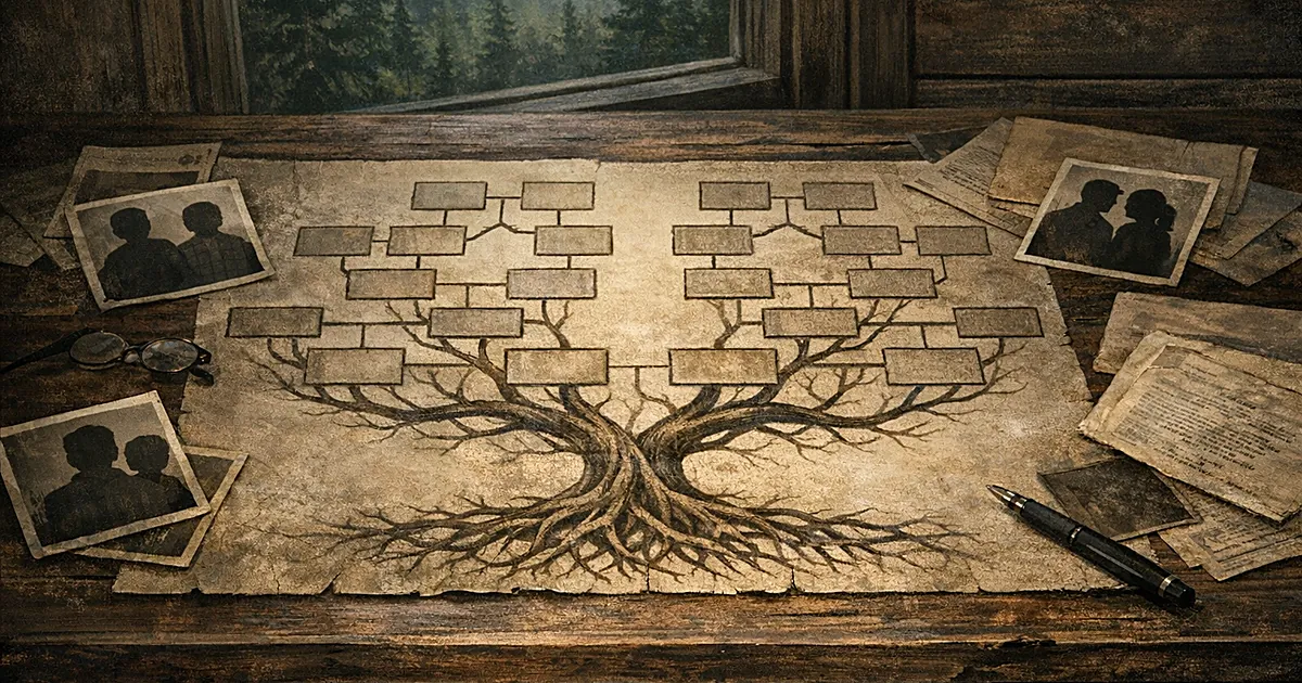 Family tree diagram on table showing interconnected branches converging at common roots with Maine forest visible outside