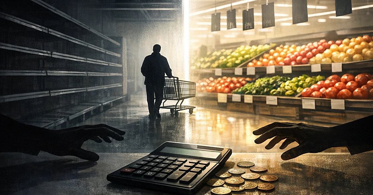 Split grocery store interior with empty and stocked shelves, silhouetted shopper, calculator and coins on counter