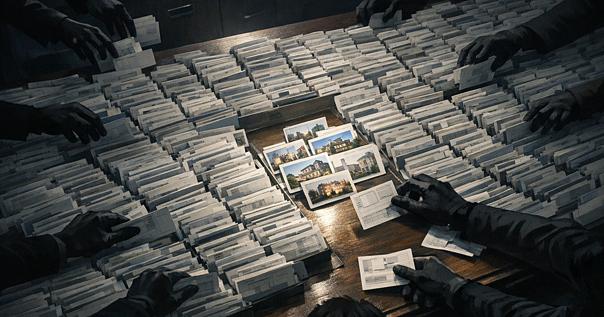 Overhead view of sprawling database documents on desk with silhouetted hands reaching to add and remove property records